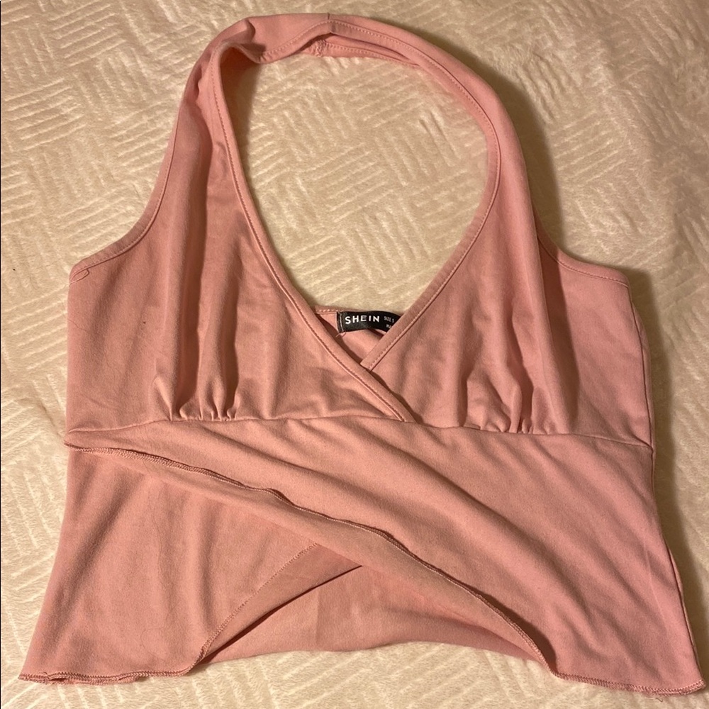 SHEIN Pink Sleeveless Wrap Crop Tank